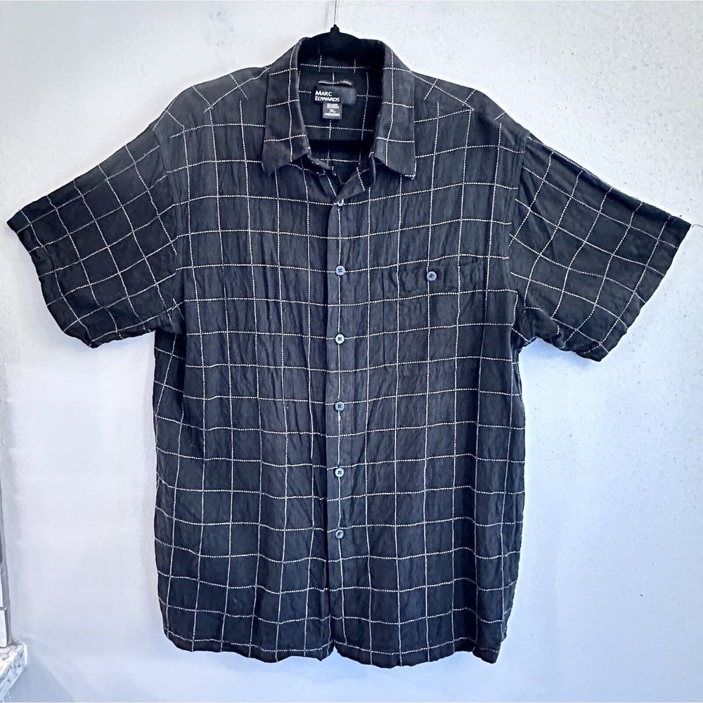 Marc Edwards‎ Button Shirt Washable Linen Blend Mens XL Black Check Short Slv